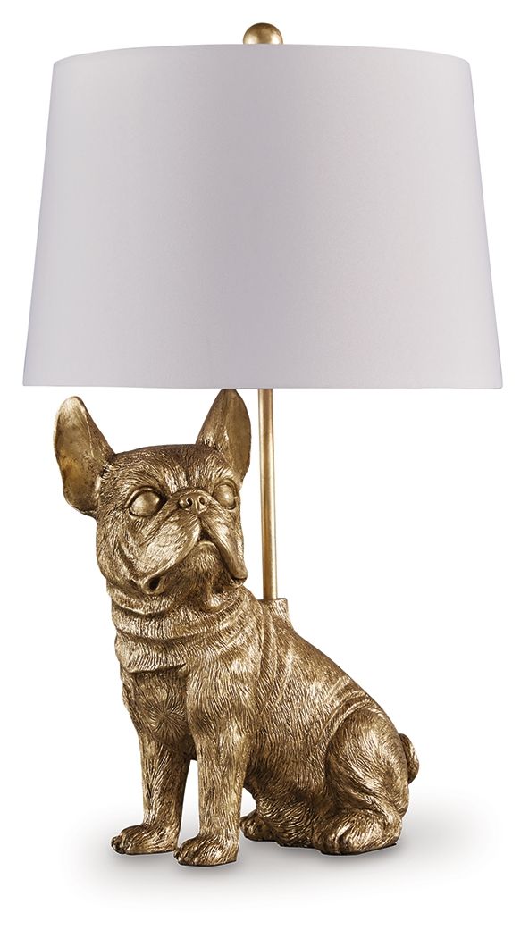 Gold-finish dog table lamp with white fabric drum shade