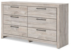 Six-drawer dresser in light gray wood with six drawers and black bar pulls.