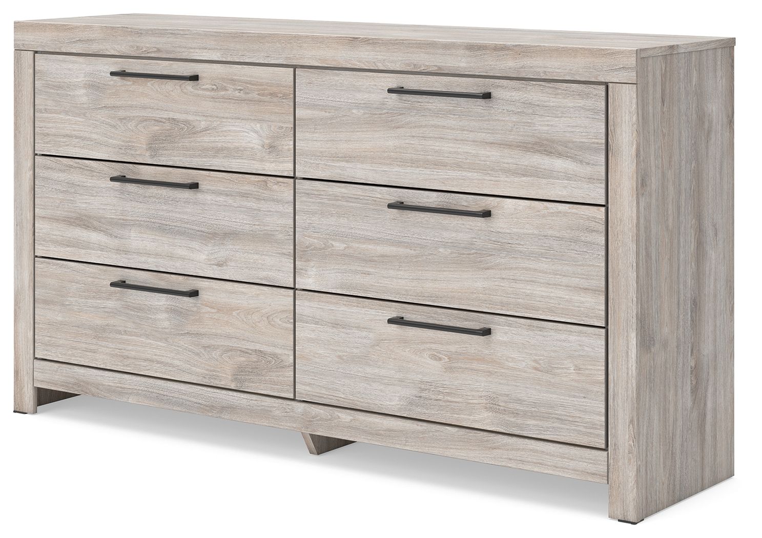 Six-drawer dresser in light gray wood with six drawers and black bar pulls.