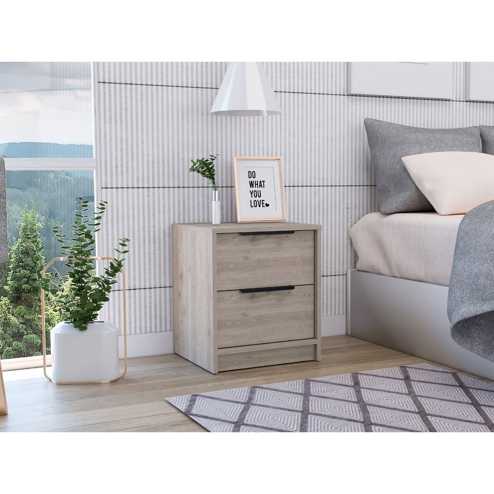 Kaia Light Gray Nightstand End Side Table 2 Drawers Metal Handle