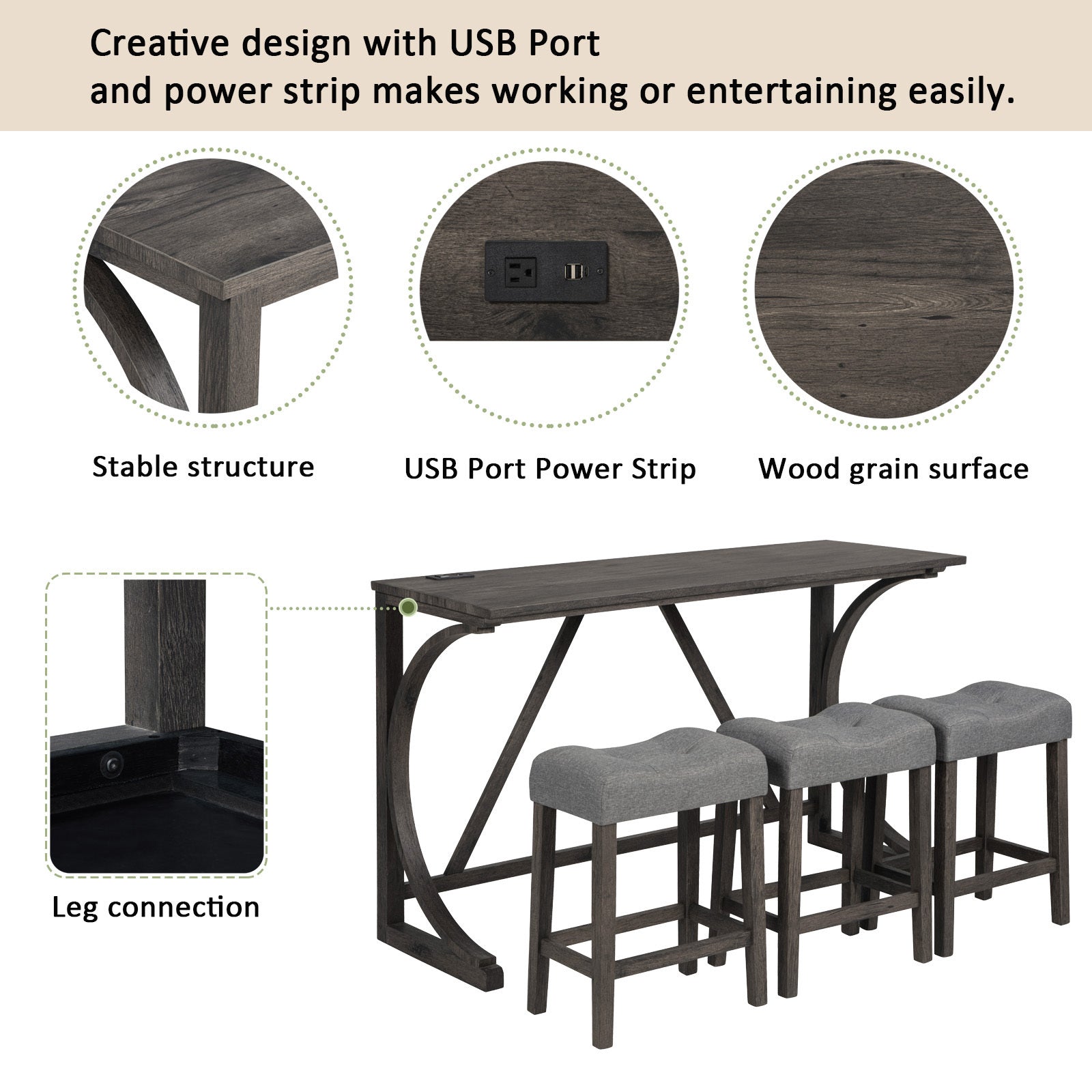 4-Piece Bar Table Set w/ Power Outlet & Stools
