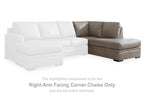 Right-arm corner chaise in taupe fabric with cushioned back and dark base legs.
