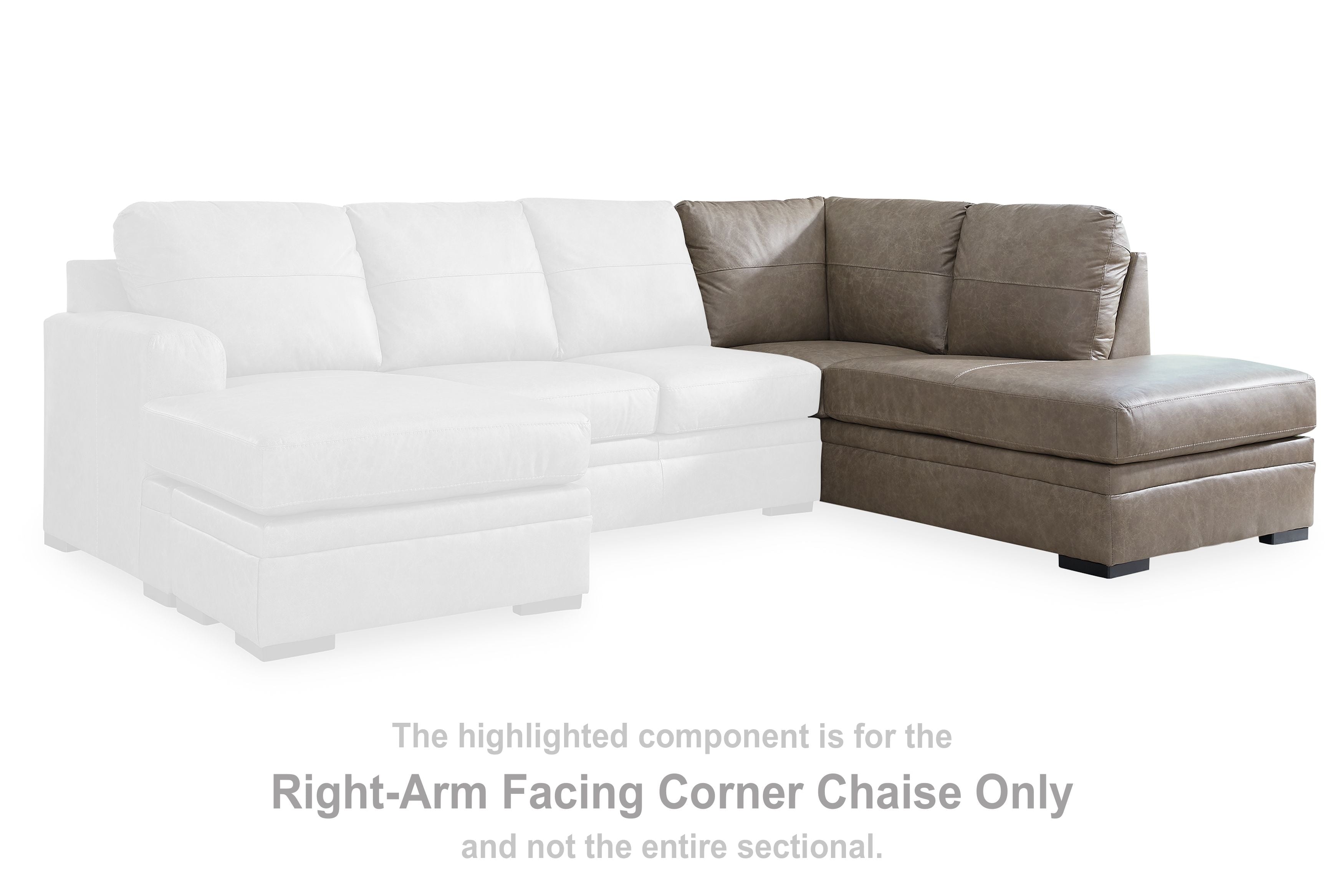 Right-arm corner chaise in taupe fabric with cushioned back and dark base legs.