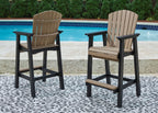 Set of 2 tall barstools with black frames and driftwood beige slatted seats and backs