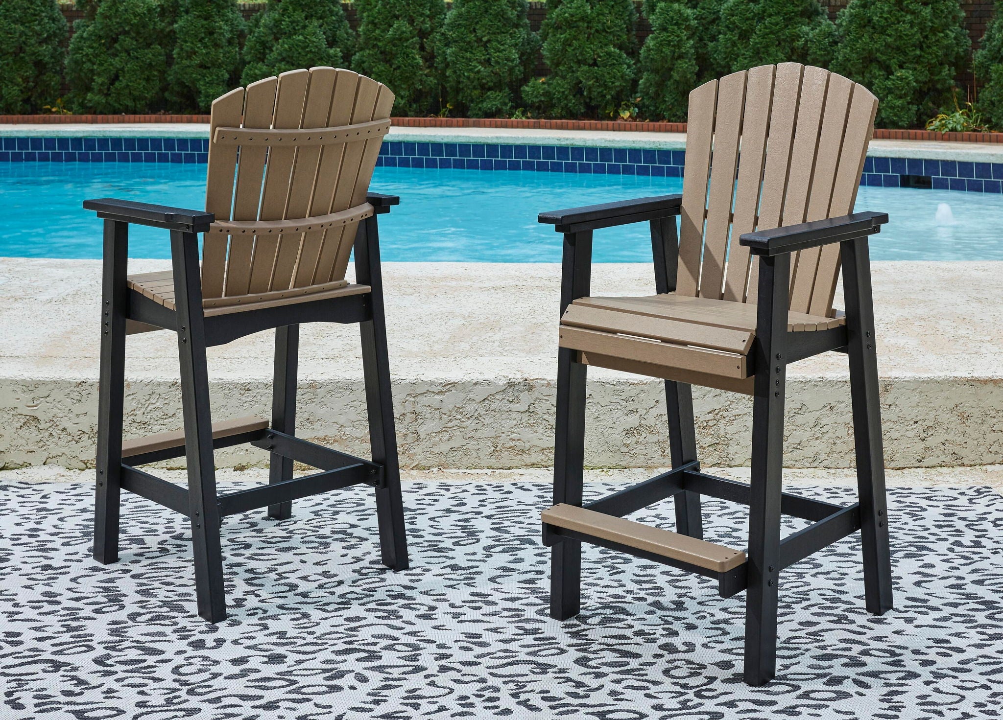 Set of 2 tall barstools with black frames and driftwood beige slatted seats and backs
