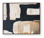 Framed abstract wall art close-up with cream and brown forms on dark textured background
