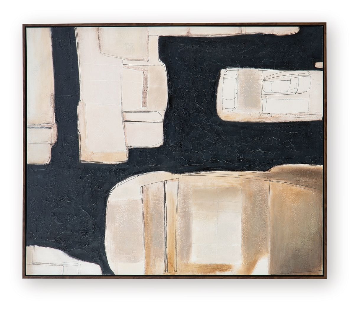 Framed abstract wall art close-up with cream and brown forms on dark textured background