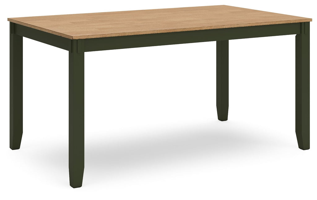 Dining room table with dark green frame and light wood tabletop