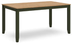 Dining room table with dark green frame and light wood tabletop