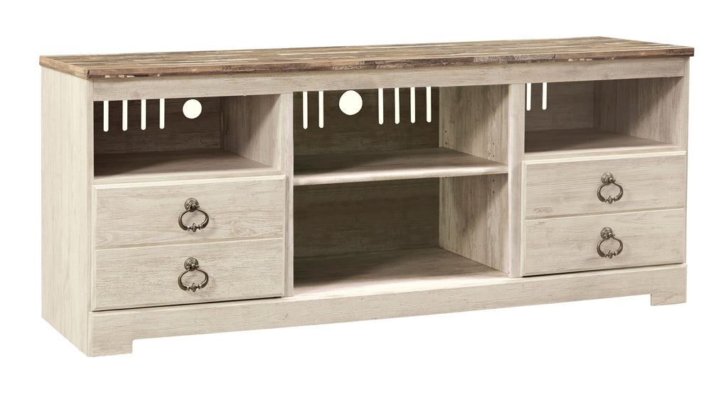 Light wood media console with open cubbies and two drawer fronts