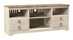 Light wood media console with open cubbies and two drawer fronts