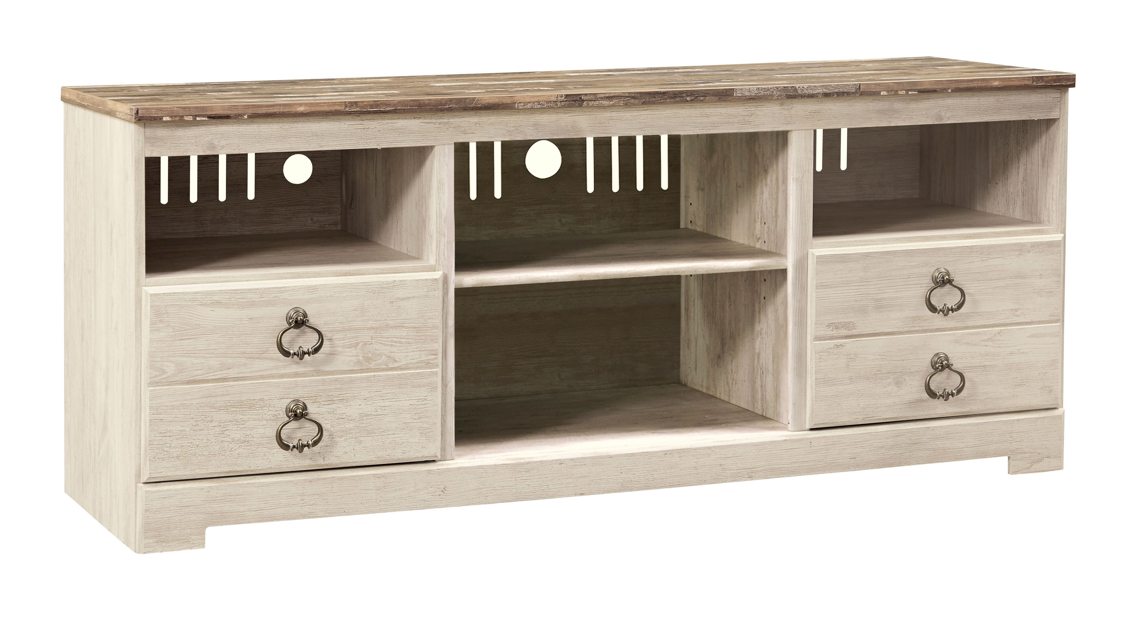 Light wood media console with open cubbies and two drawer fronts