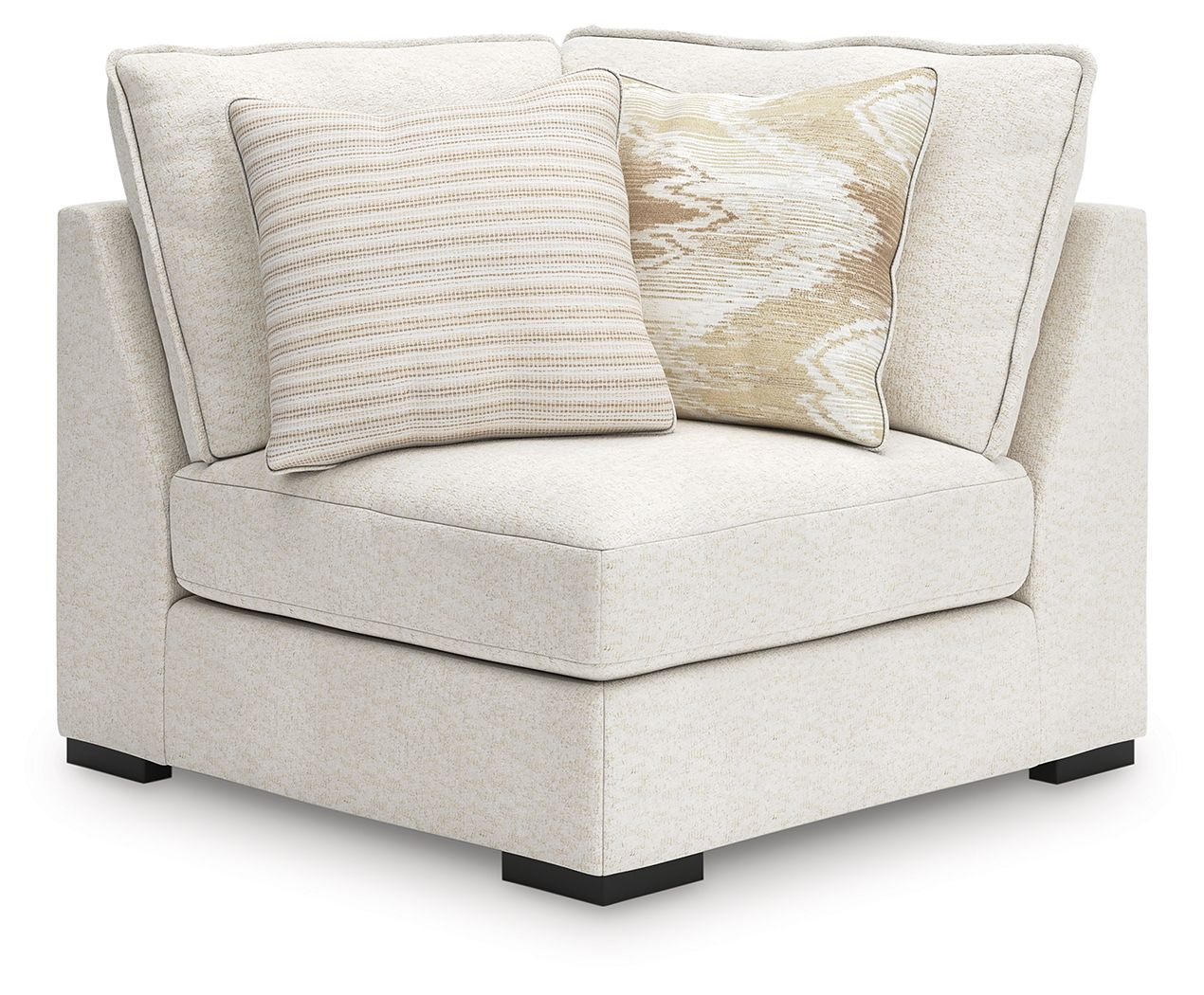 Vanilla upholstered armchair section with two decorative throw pillows and wide seat