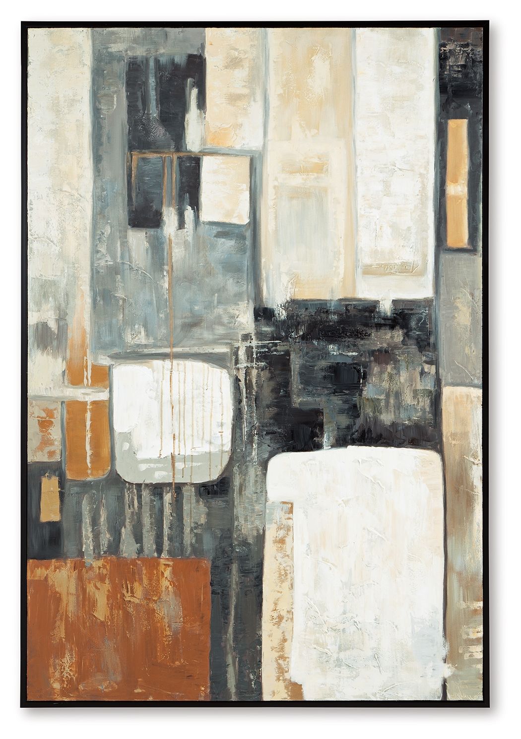 Abstract wall art with layered rectangles in brown, black, gray, and cream