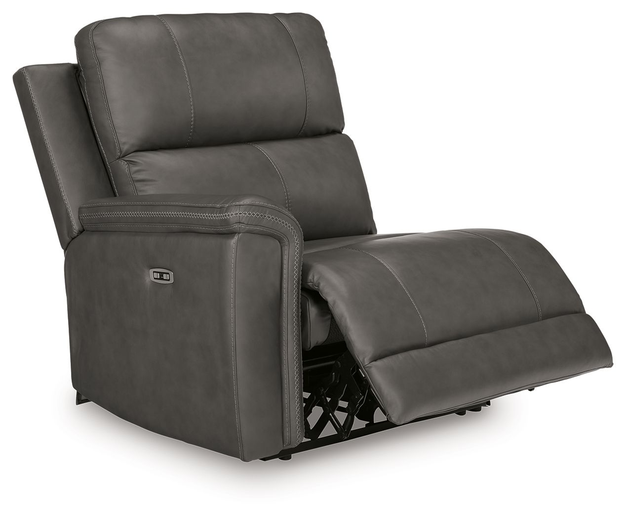 Power recliner chair with footrest extended, dark gray cushioning and side control panel