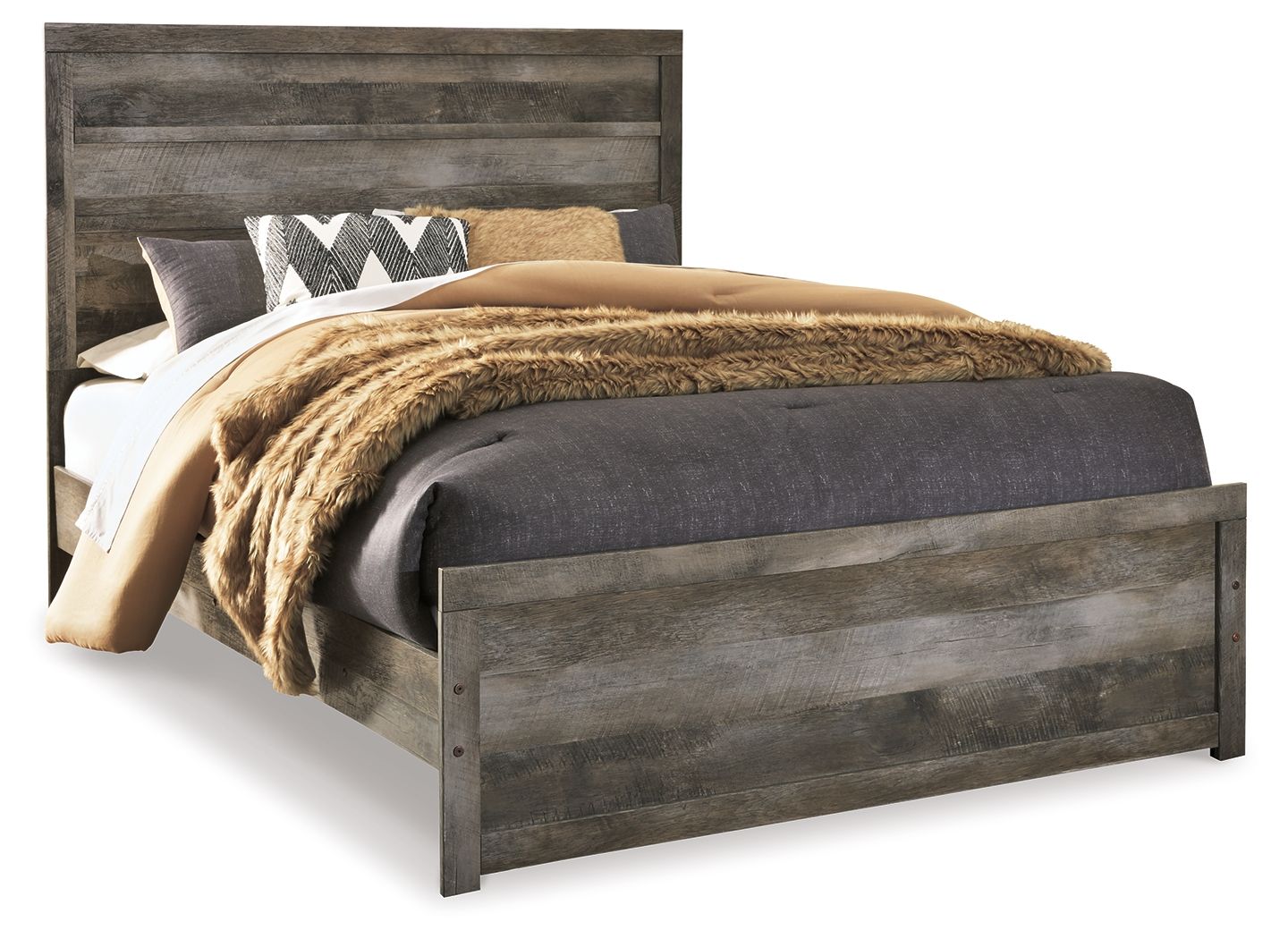 Gray wood panel bed with tall headboard and low footboard, with bedding