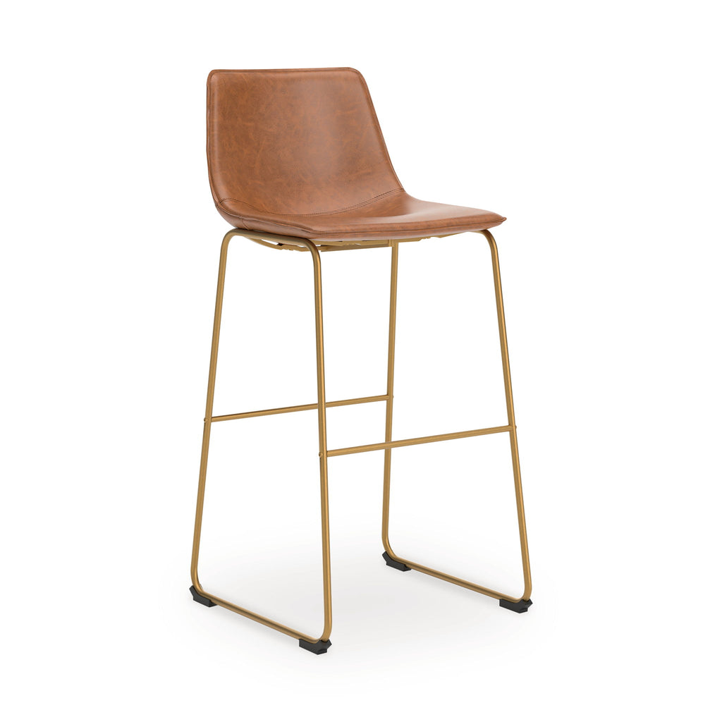 Tall upholstered barstool, brown seat and back, gold metal frame with angled foot base.