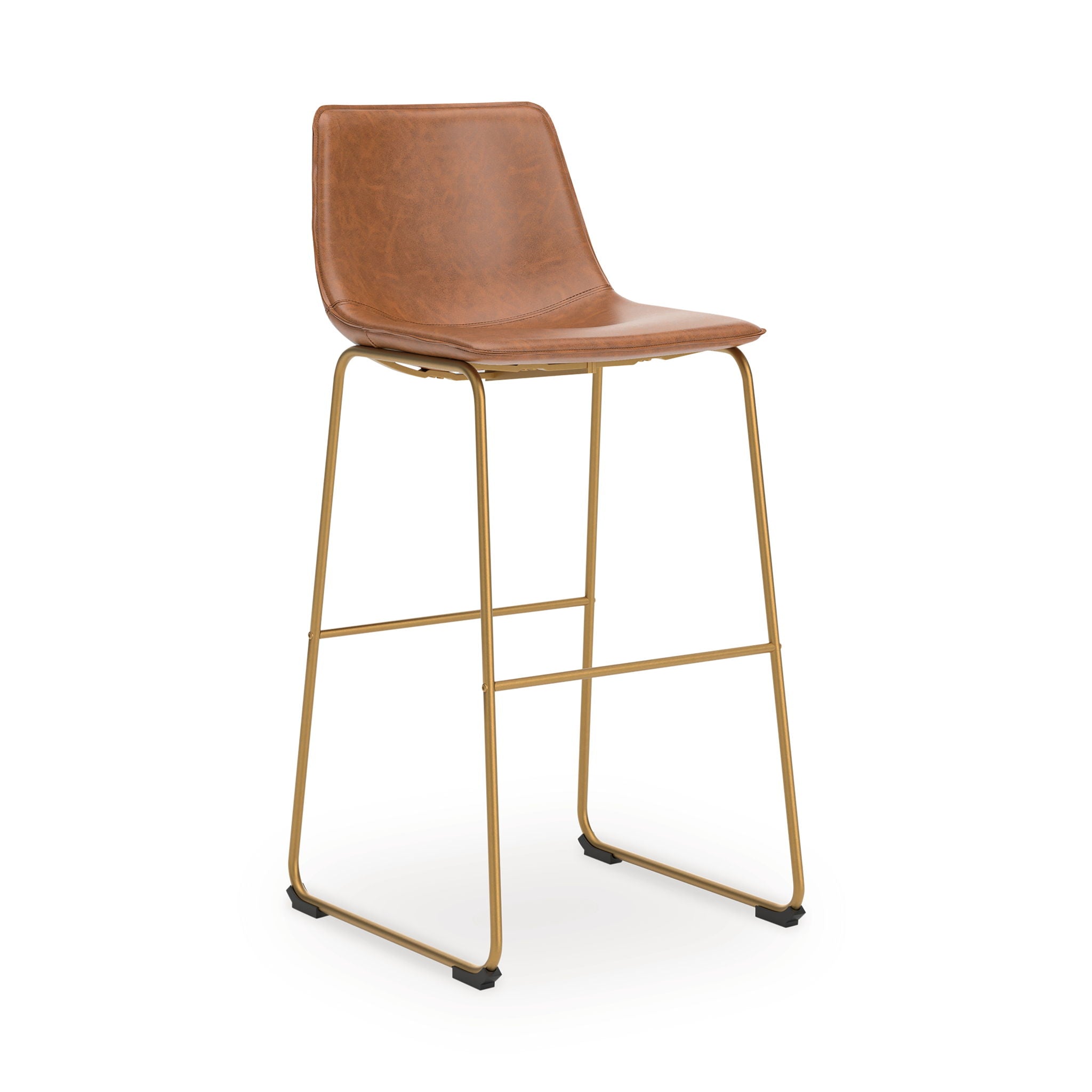 Tall upholstered barstool, brown seat and back, gold metal frame with angled foot base.
