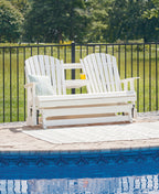 White outdoor glider loveseat with curved slat back and wide bench seat