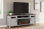Gray TV stand with electric fireplace insert, open center shelf, and two side doors