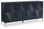 Dark blue accent cabinet with geometric panel doors and gold-tone tapered legs