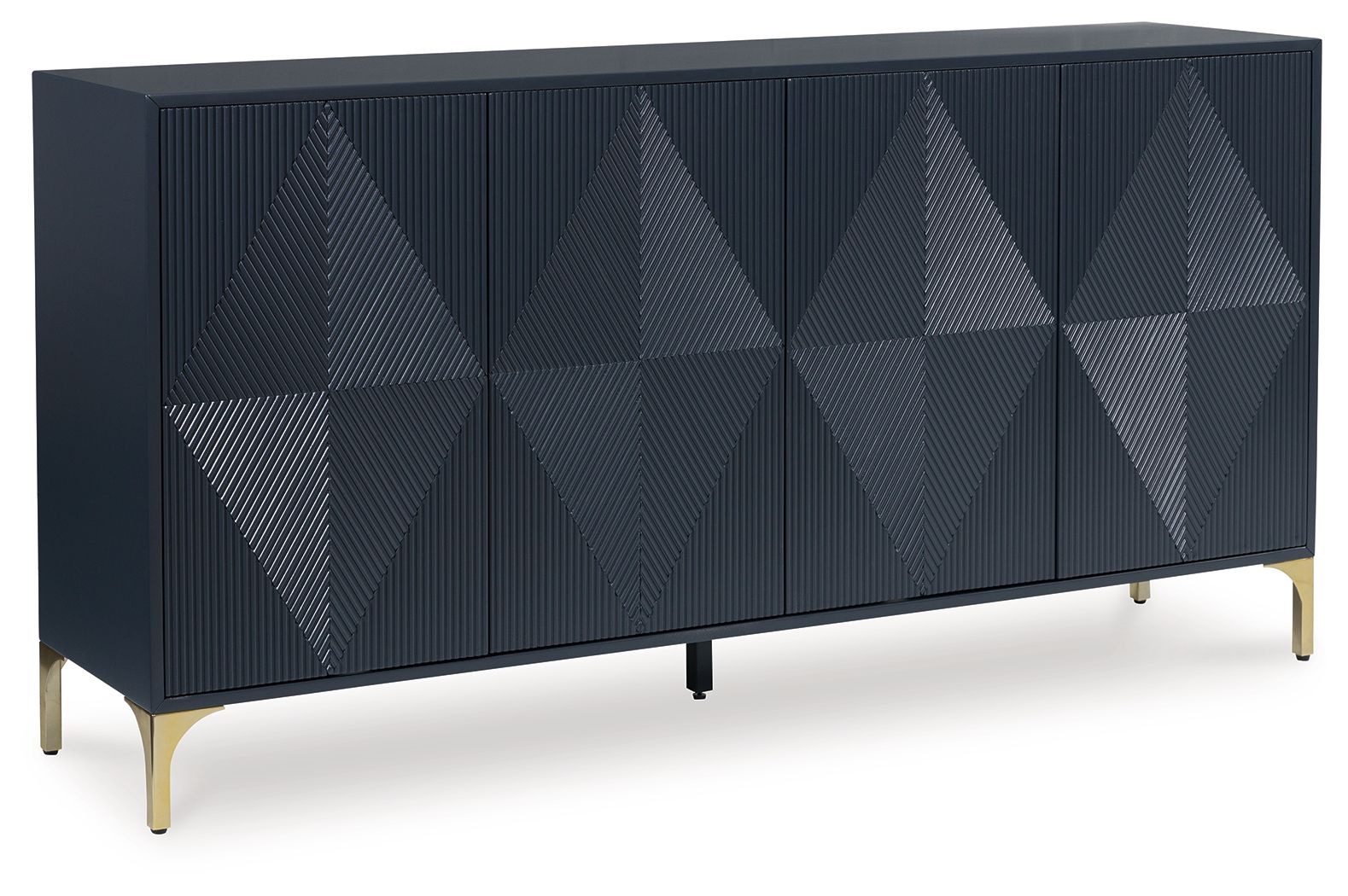 Dark blue accent cabinet with geometric panel doors and gold-tone tapered legs