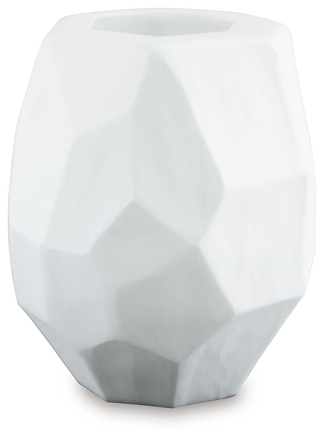 White faceted ceramic vase with open top and geometric facets on sides