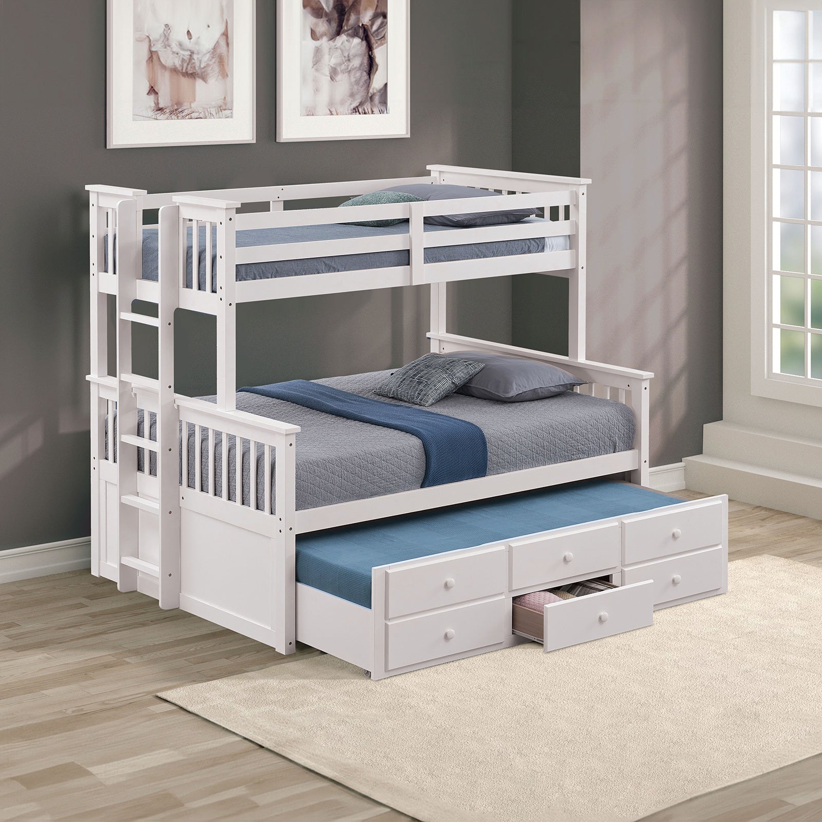 White Transitional Twin Over Full Bunk Bed, Ladder, Storage Drawers