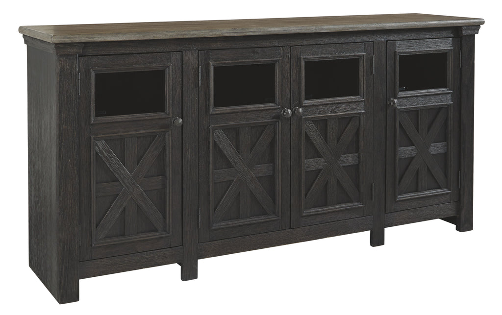 Black TV stand with gray top and four cabinet doors featuring X-pattern panels