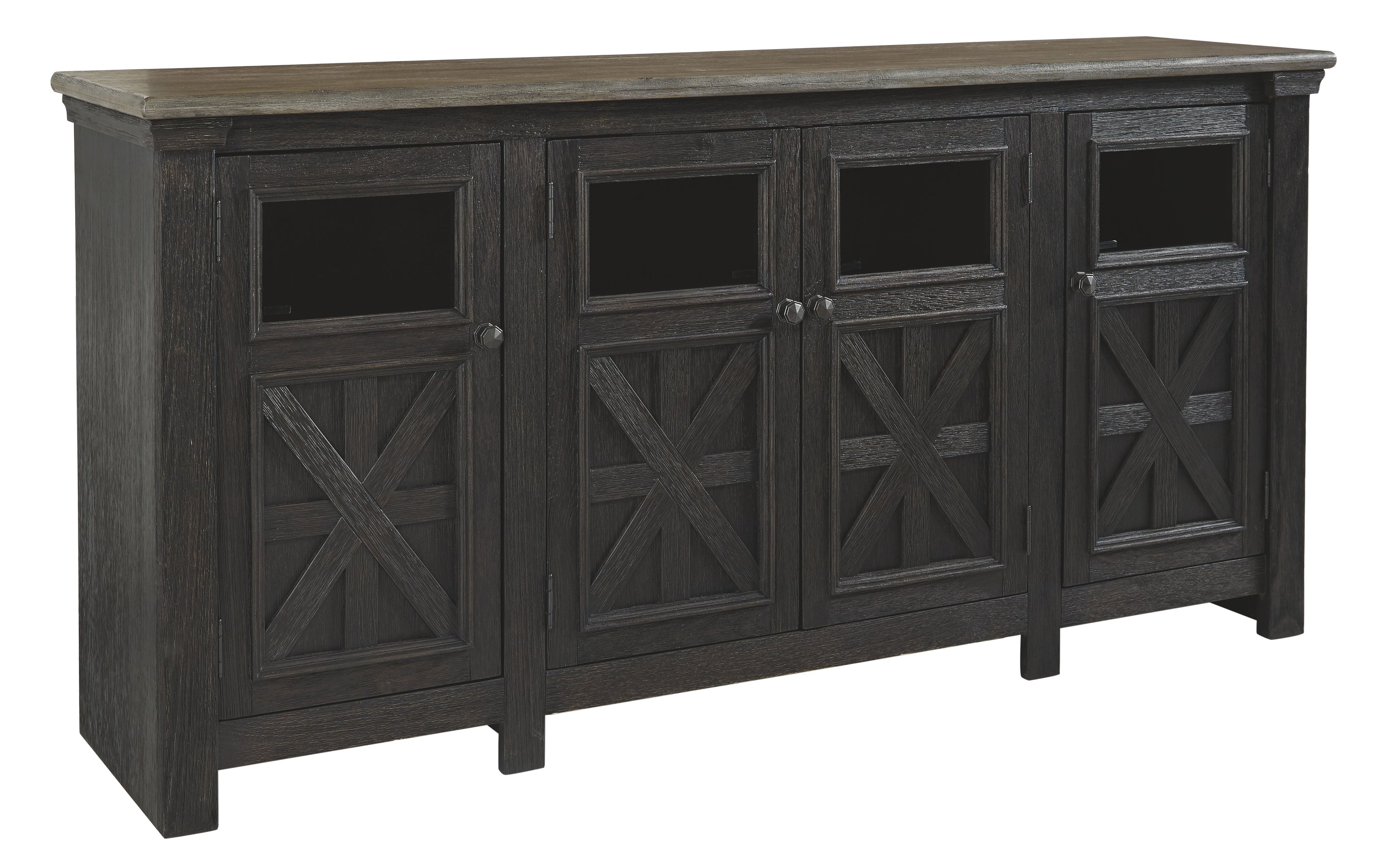 Black TV stand with gray top and four cabinet doors featuring X-pattern panels