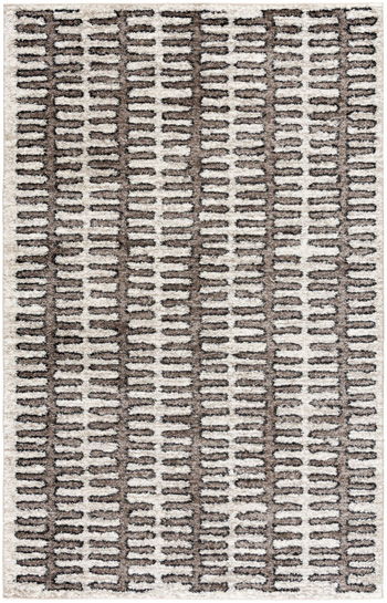 Dark brown geometric patterned rug with raised block stripes.