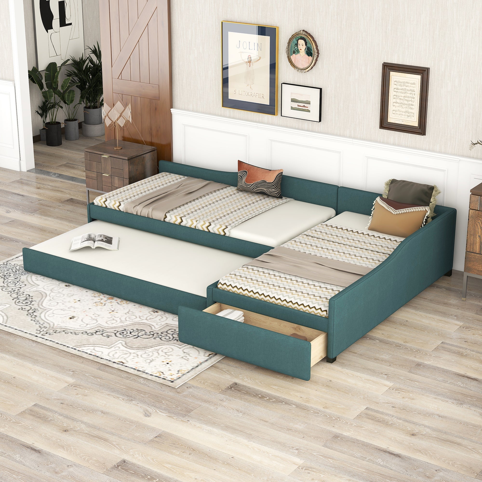 Green Upholstered Twin Daybed w/ Trundle & Storage Drawer