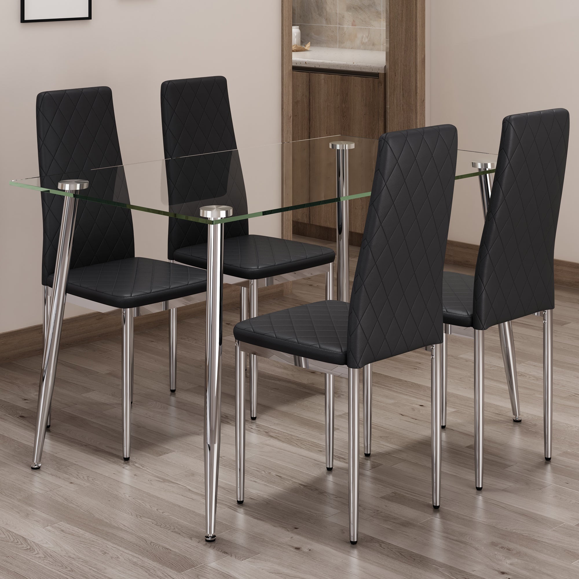 Glass Dining Table & 4 Black Chairs Set