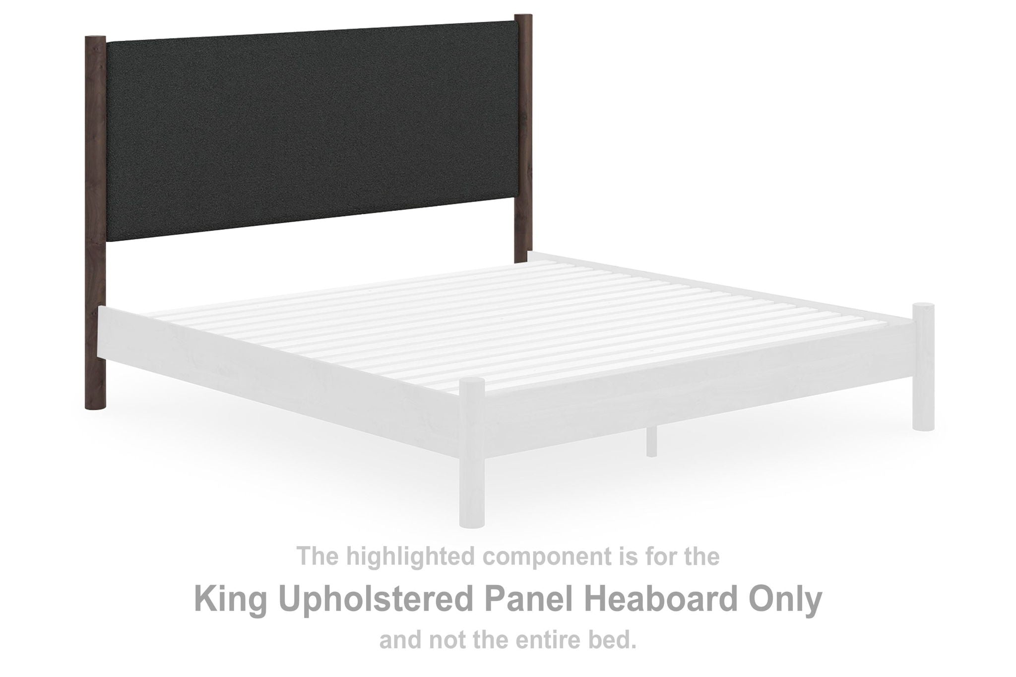 King upholstered panel headboard with black fabric and brown wood frame