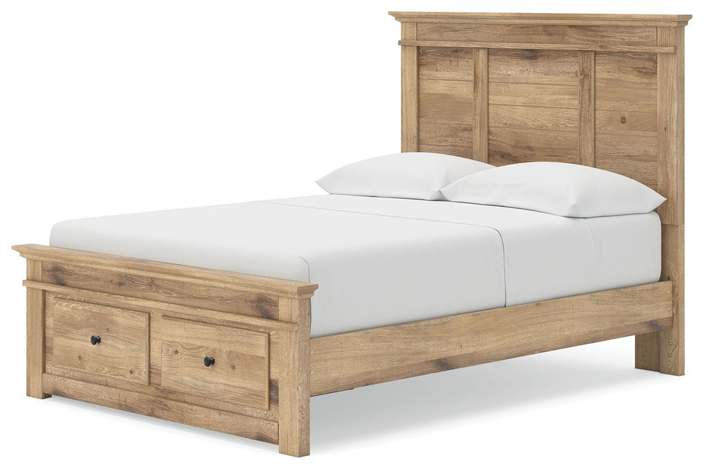 Light brown wooden storage bed with panel headboard, front drawers, and white bedding set