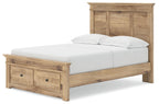 Light brown wooden storage bed with panel headboard, front drawers, and white bedding set