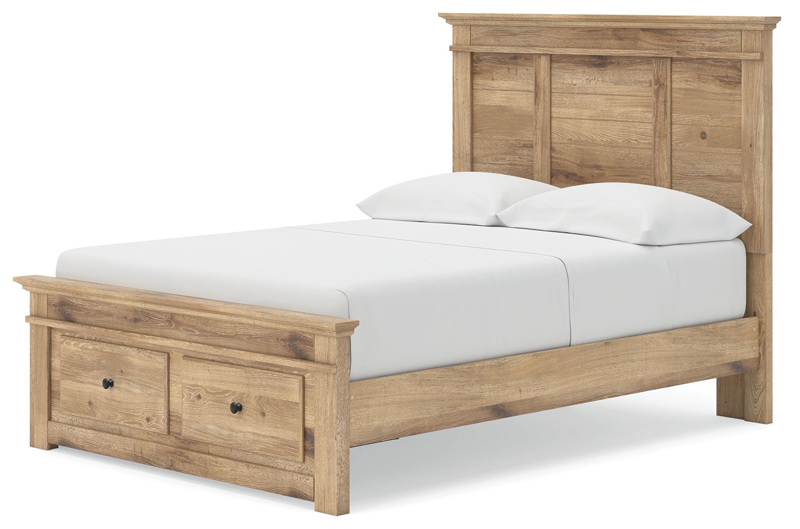 Light brown wooden storage bed with panel headboard, front drawers, and white bedding set