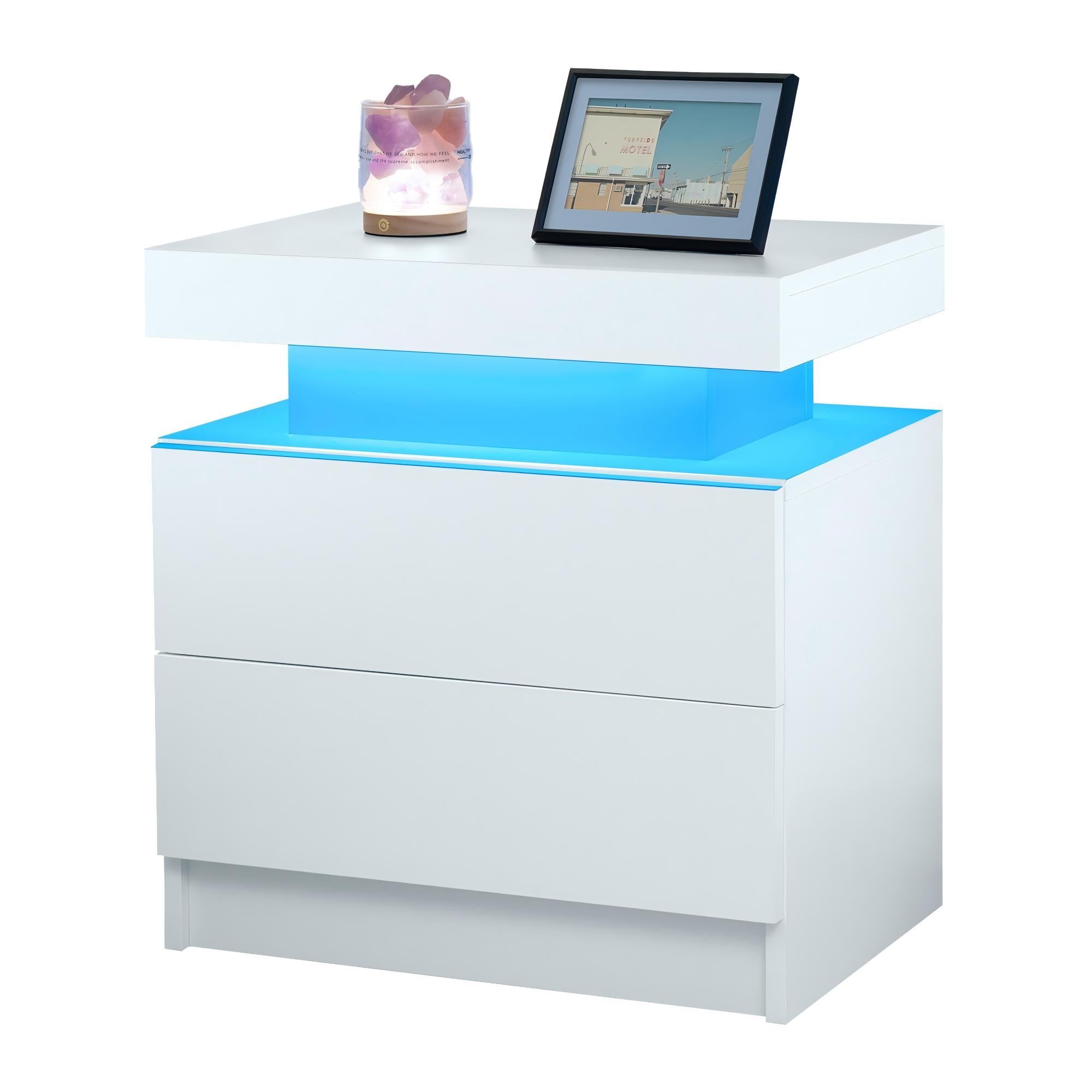 Modern White LED Nightstand with Adjustable Lights & 2 Drawers