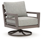 Gray fabric swivel lounge chair with thick seat and back cushion, dark brown frame