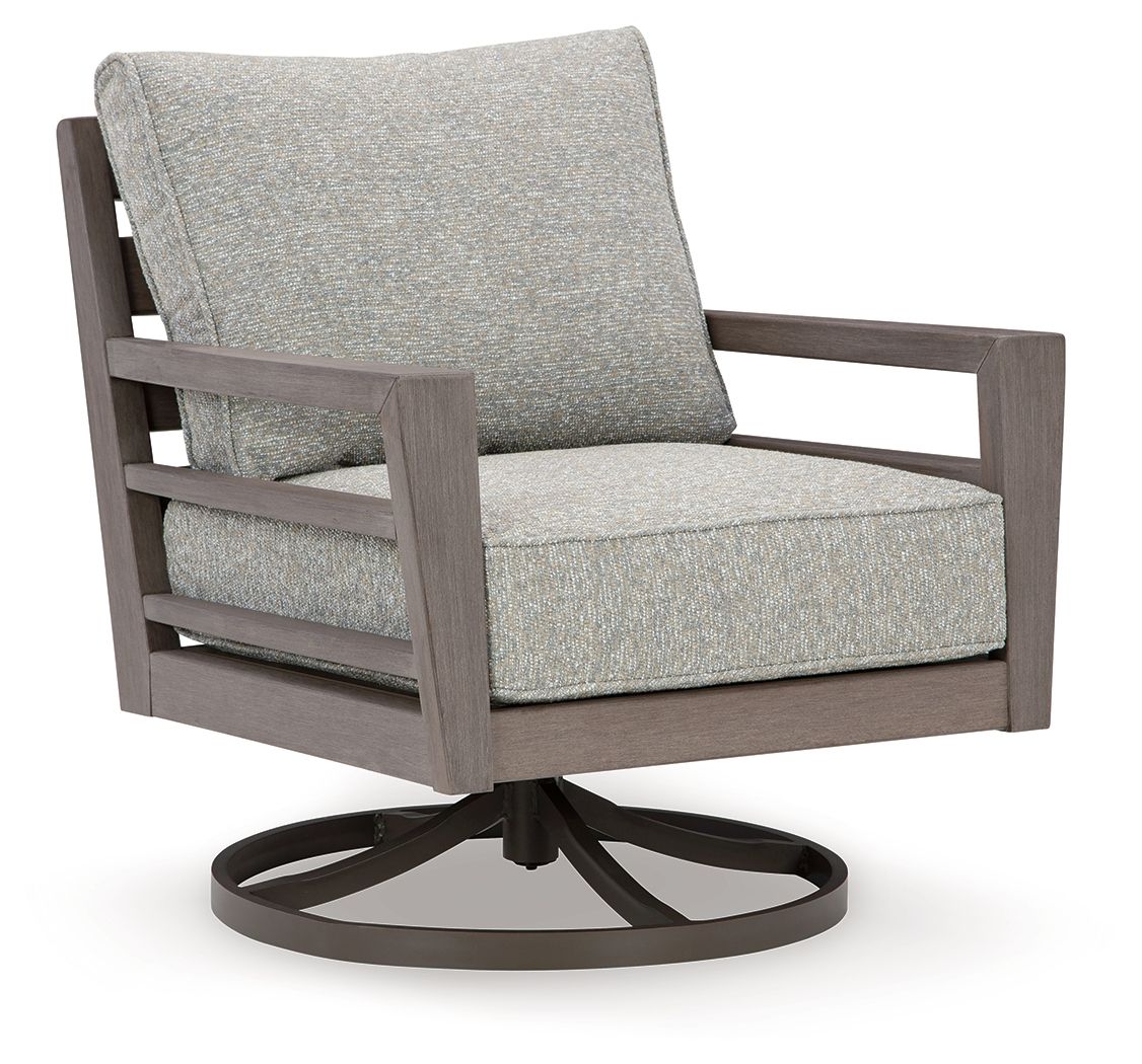 Gray fabric swivel lounge chair with thick seat and back cushion, dark brown frame