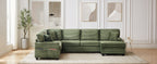 Green corduroy sectional sofa with one movable ottoman piece and padded armrests