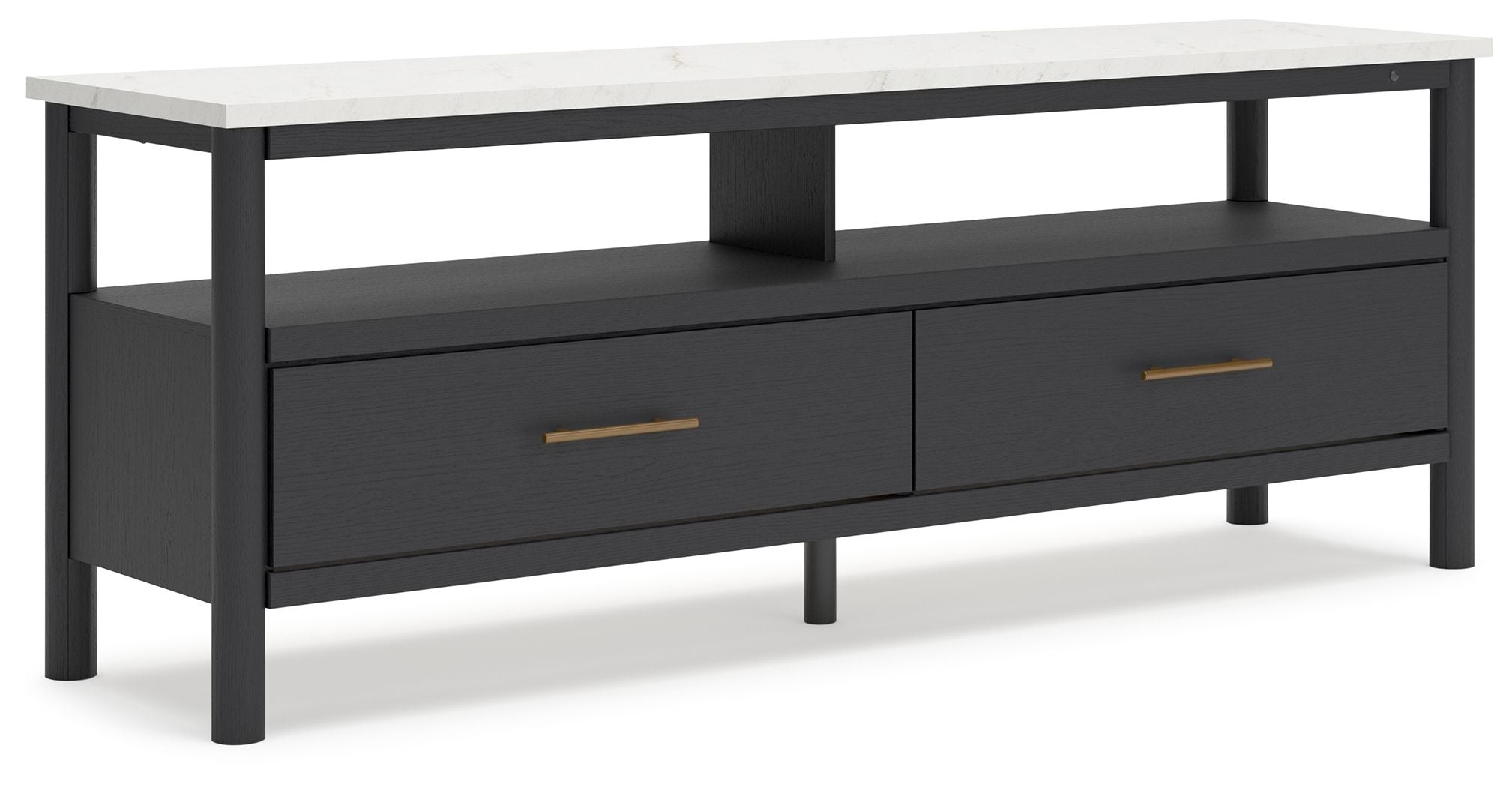 Black TV stand with two drawers, open shelf, and brass-tone bar pulls