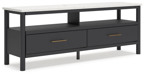 Black TV stand with two drawers, open shelf, and brass-tone bar pulls
