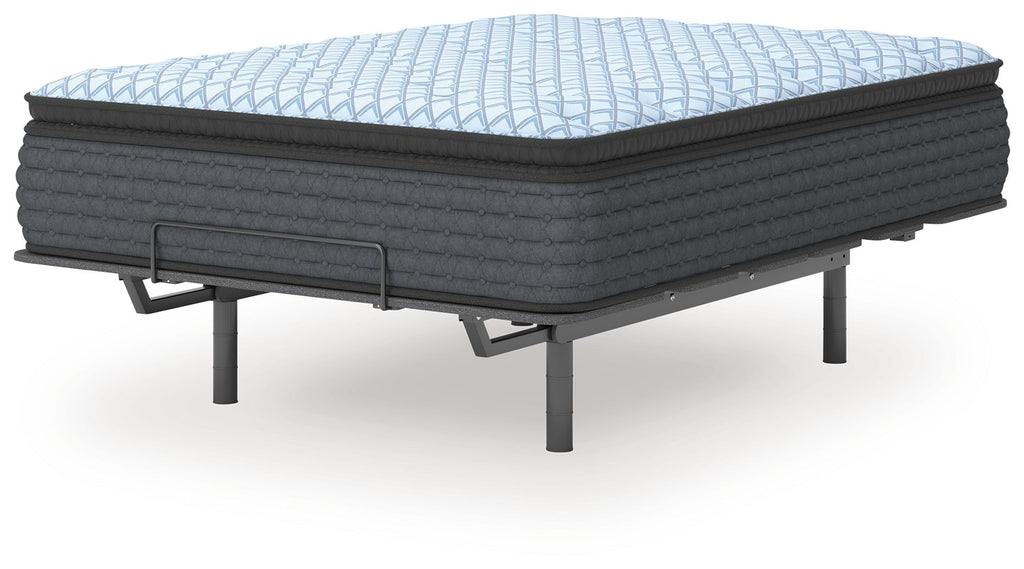 Blue quilted mattress on dark metal legs, showing side profile and top