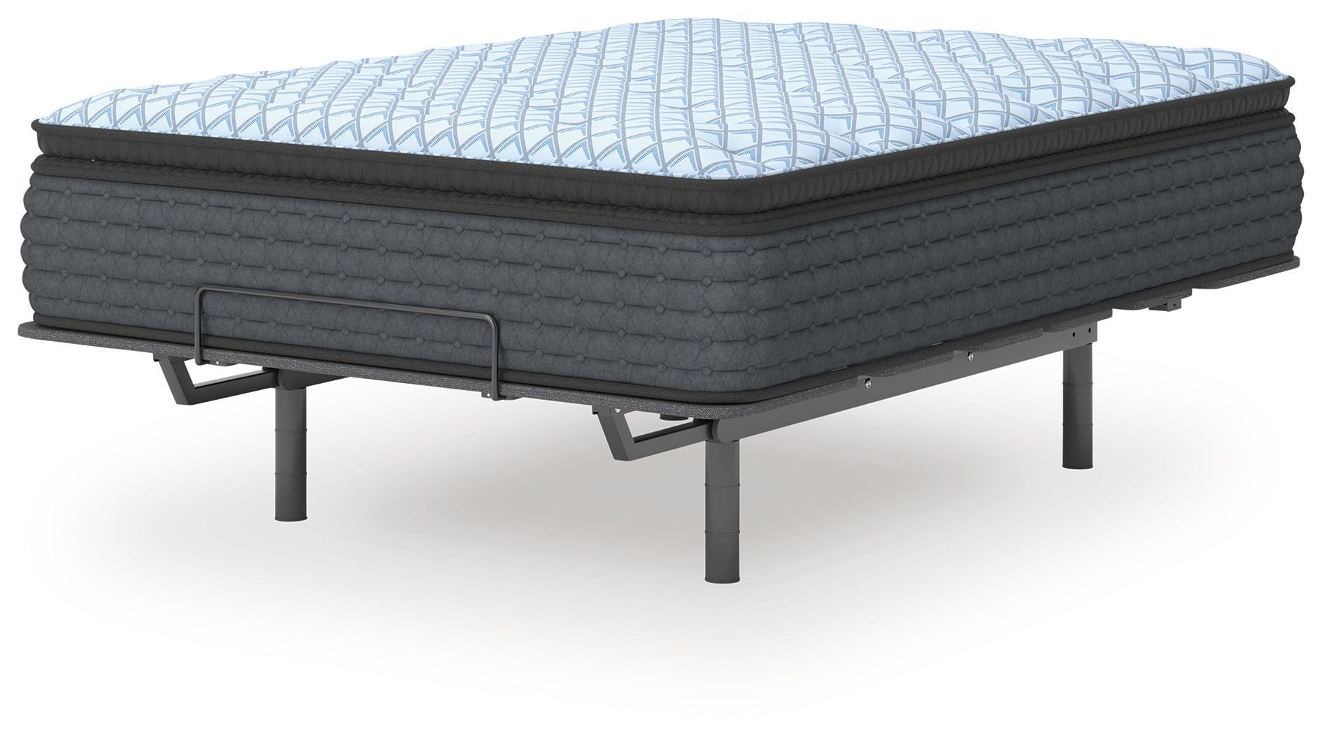 Blue quilted mattress on dark metal legs, showing side profile and top