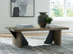 Light brown living room table with angled openwork supports and wide tabletop