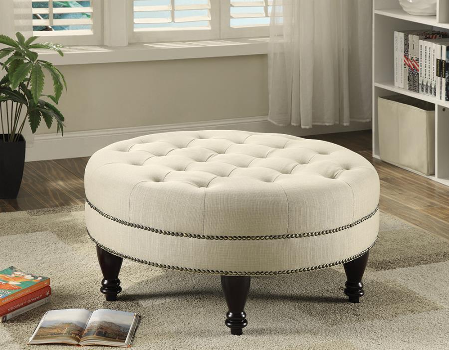 Elchin - Round Upholstered Tufted Ottoman - Oatmeal
