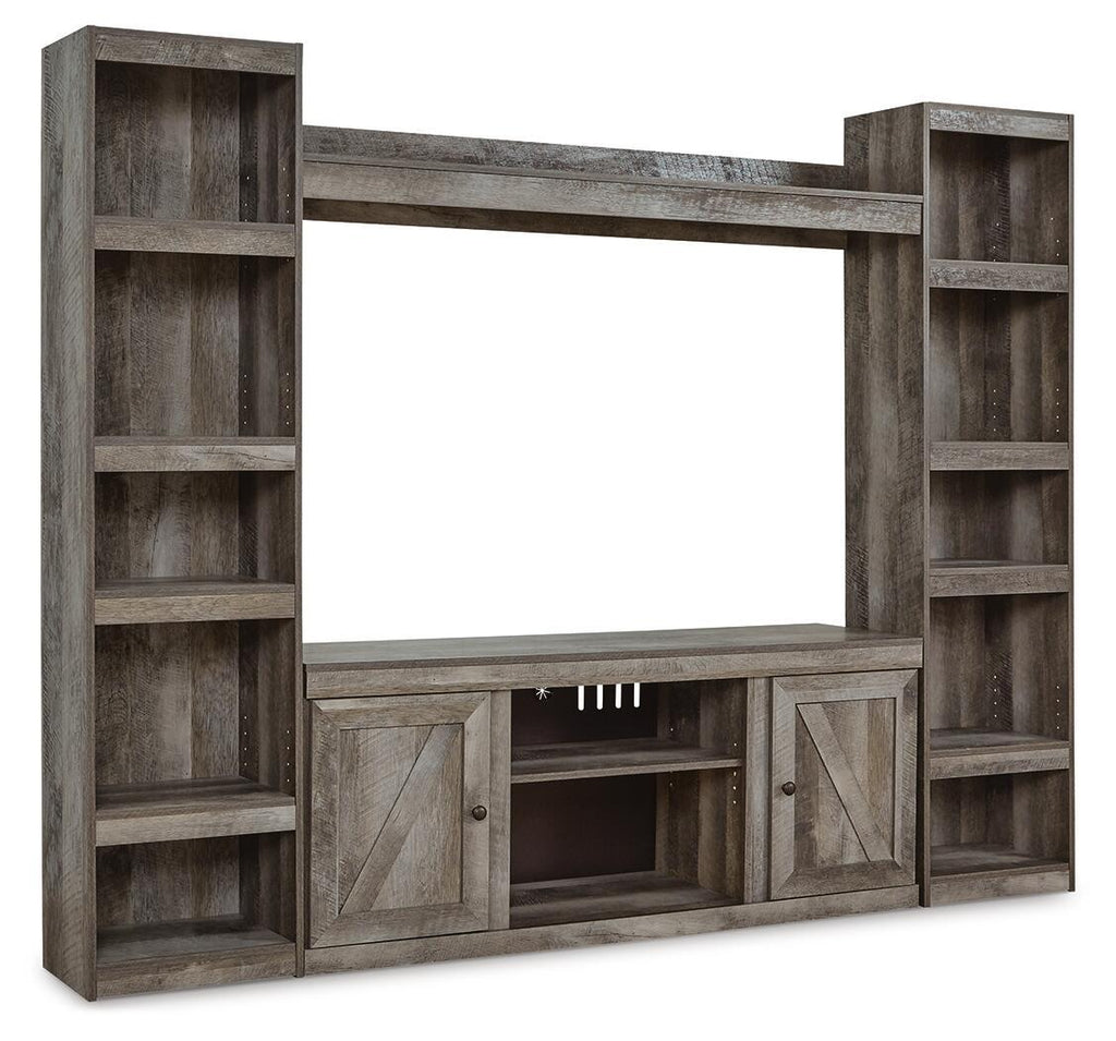 Gray 4-piece entertainment center with TV opening and side shelving units