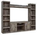 Gray 4-piece entertainment center with TV opening and side shelving units