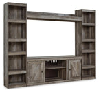 Gray 4-piece entertainment center with TV opening and side shelving units